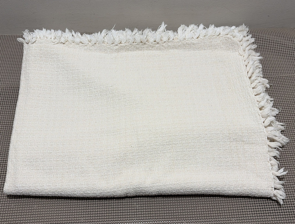 Oversized Cream Throw Blanket Textured Woven Cotton Fringe Edges 76x52 Vintage